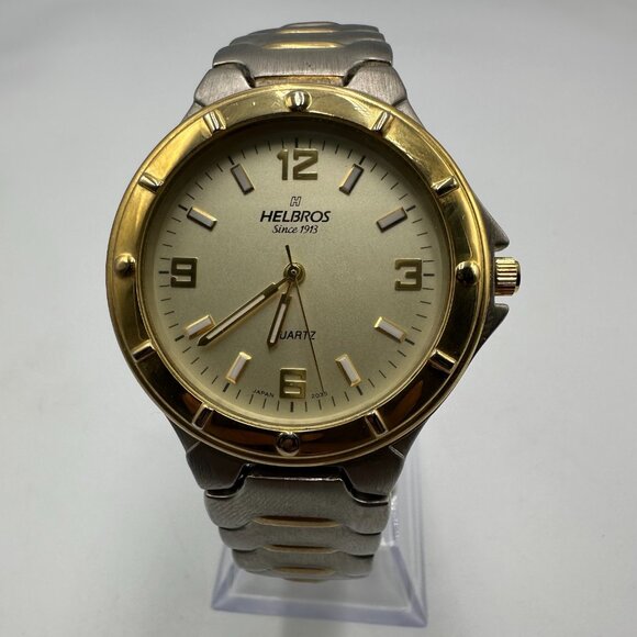 Helbros Watch Men Silver Gold Two Tone 38MM Round Dial New Battery 8.25 Inch - Picture 1 of 11